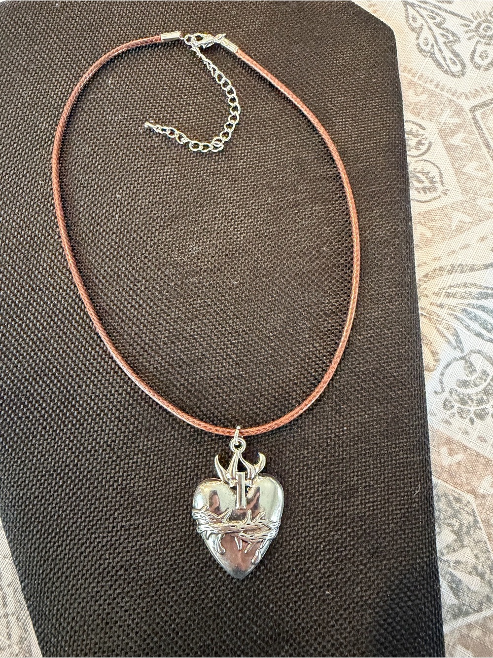 NWT - Unisex Silver Sacred Heart (CorazónSagrado) Pendant Necklace on Brown Cord
